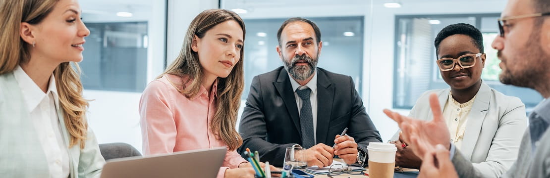 Business professionals in a meeting in a modern office.